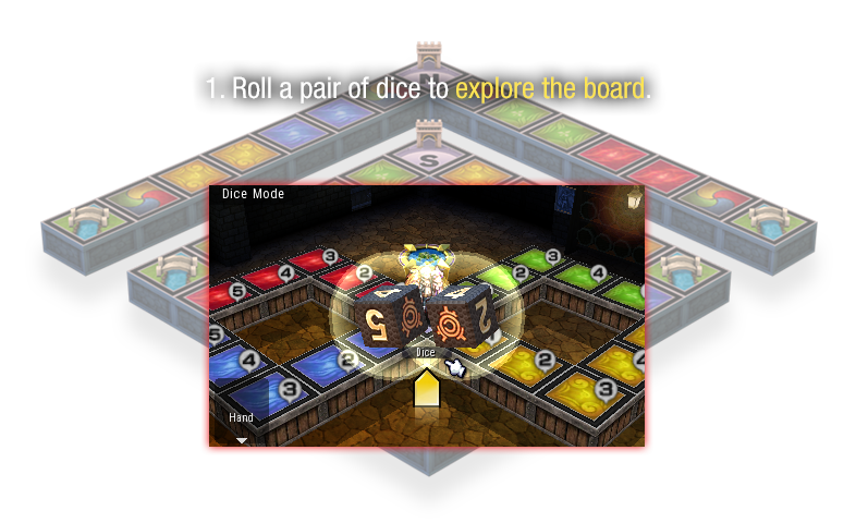 Like a board game, roll a pair of dice to advance, and while you make your way around the map, you collect magic (G).