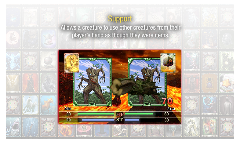 Support - Allows a creature to use other creatures from their player's hand as though they were items.