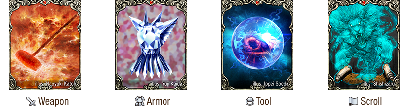Examples of Weapon card, Armor card, Tool card, and Scroll card
