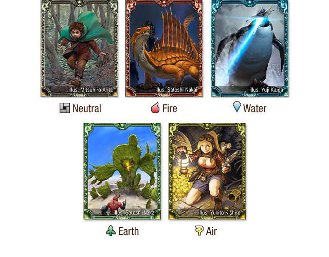 Examples of: Neutral card, Fire card, Water card, Earth card, and Air card