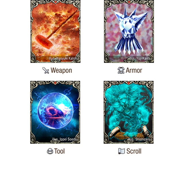 Example of Weapon card, Armor card, Tool card, and Scroll card.