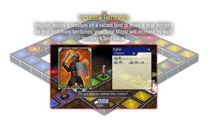 Increase Territories - You can deploy a creature on a vacant land to make it your territory. As you gain more territories, your Total Magic will increase by each territory's land value.