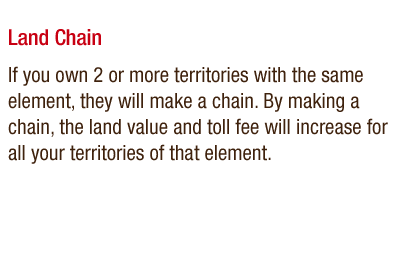 Land Chain - If you own 2 or more territories with the same element, they will make a chain. By making a chain, the land value and toll fee will increase for all your territories of that element.