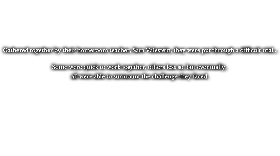 Gathered together by their homeroom teacher, Sara Valestein, they were put through a difficult trial... Some were quick to work together, others less so, but eventually, all were able to surmount the challenge they faced.